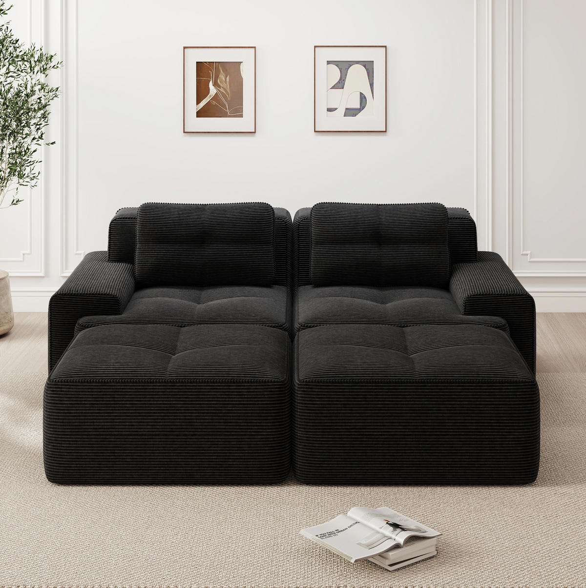 2-SITZER Sofa mit 74 cm Tiefsitz, bodennahes Design, Cordbezug und montagefrei, Schwarz - Schwarz, Textil (204/69/177cm) - Redom