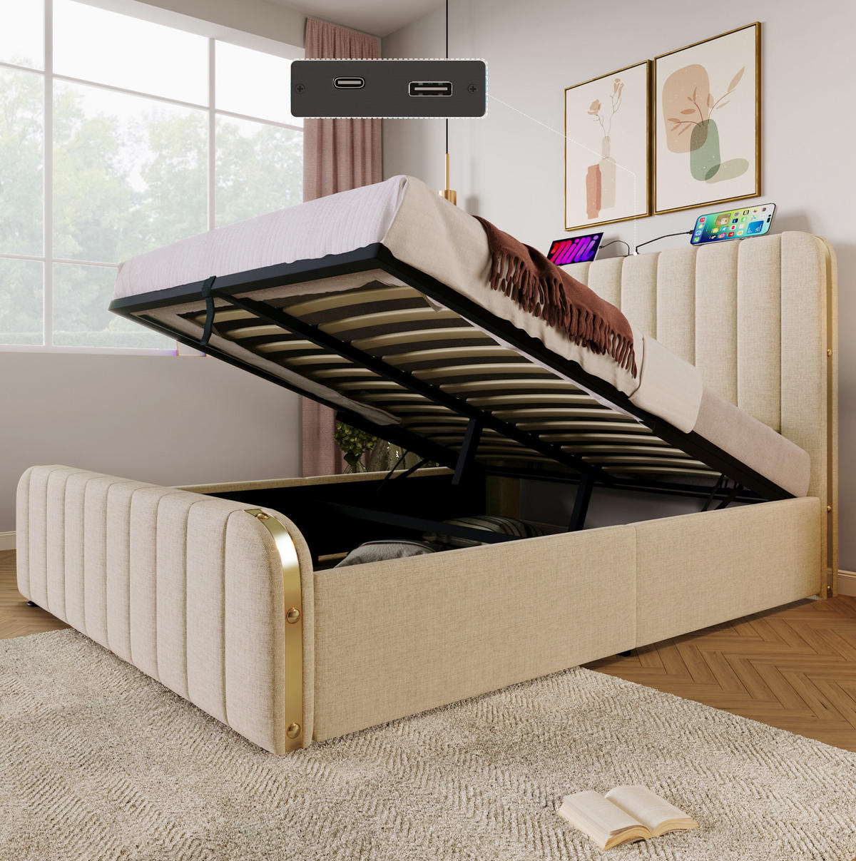POLSTERBETT mit Stauraum und USB/Typ-C 140x200 cm Leinen Beige - Beige, Metall (140/200cm) - Meubliv