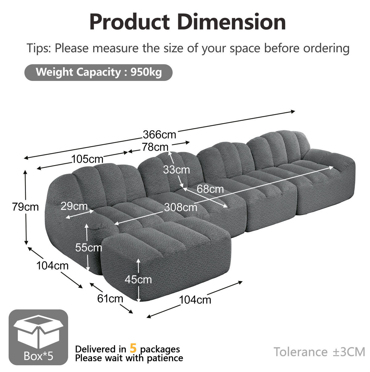 ECKSOFA 366/165/79 grau aus granuliertem Fleece mit Ottoman und tiefer Sitzfläche - Grau, Textil (165/366cm) - OKWISH