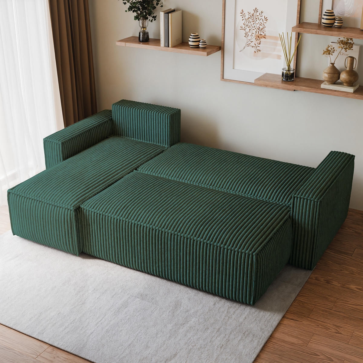ECKSOFA RAVELO T Grün Kordstoff mit Schlaffunktion - Grün, Holz (240/140cm) - MASSENO