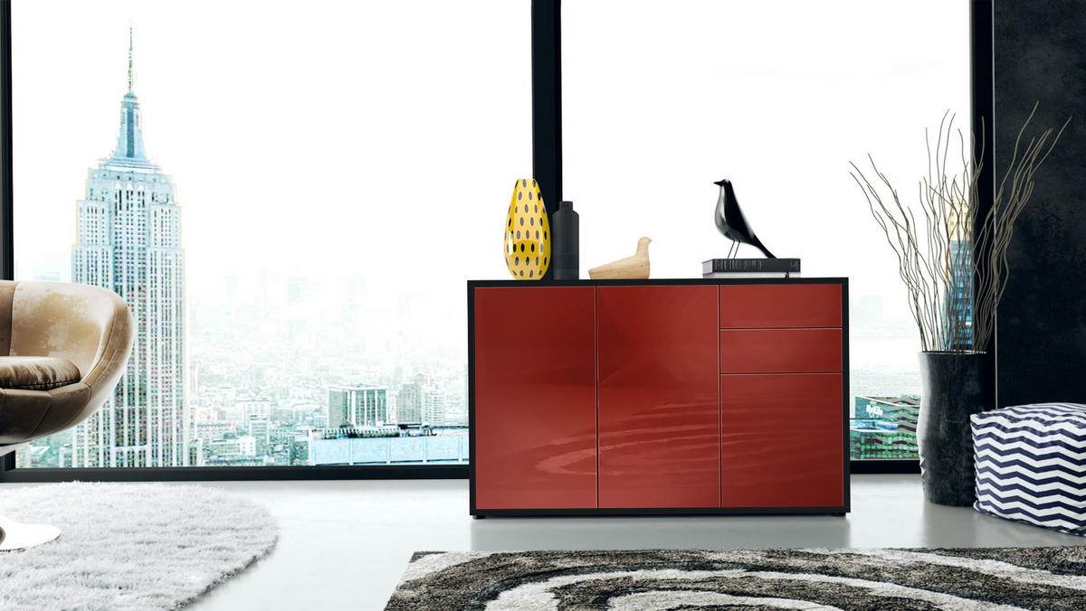 KOMMODE Ben Front in Bordeaux Hochglanz - Bordeaux, Holzwerkstoff (117/74/36cm) - Vladon