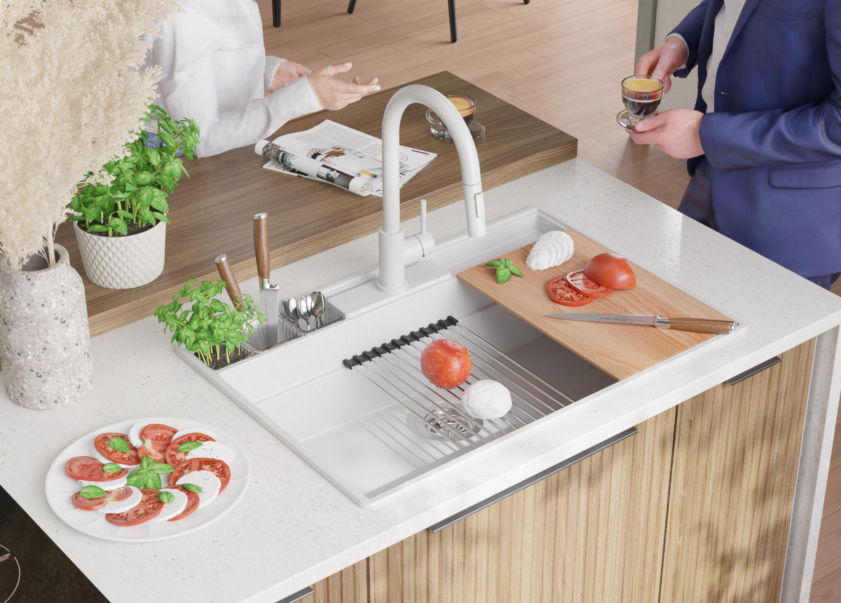 SPÜLBECKEN New York, 2-er set Weiß 78/53 cm 1 Becken + Ablauf-Set + Küchenzubehörset ab 80er Unterschrank - Chromfarben/Beige, Kunststoff (78/20/53cm) - Primagran