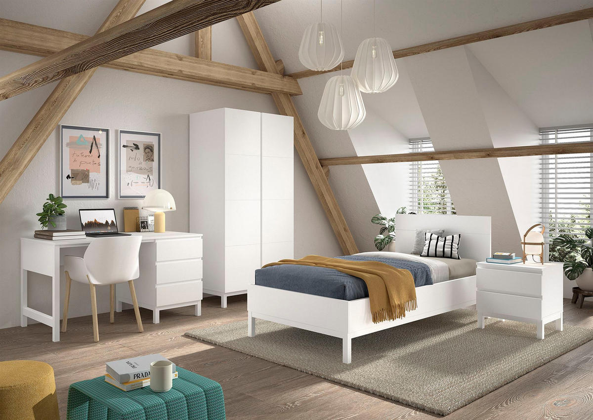 KINDERZIMMER SET Keely Kiefer weiß Bett NaKo Schrank Schreibtisch - Weiß, Holz (58/196/99cm) - 58aufmkessel