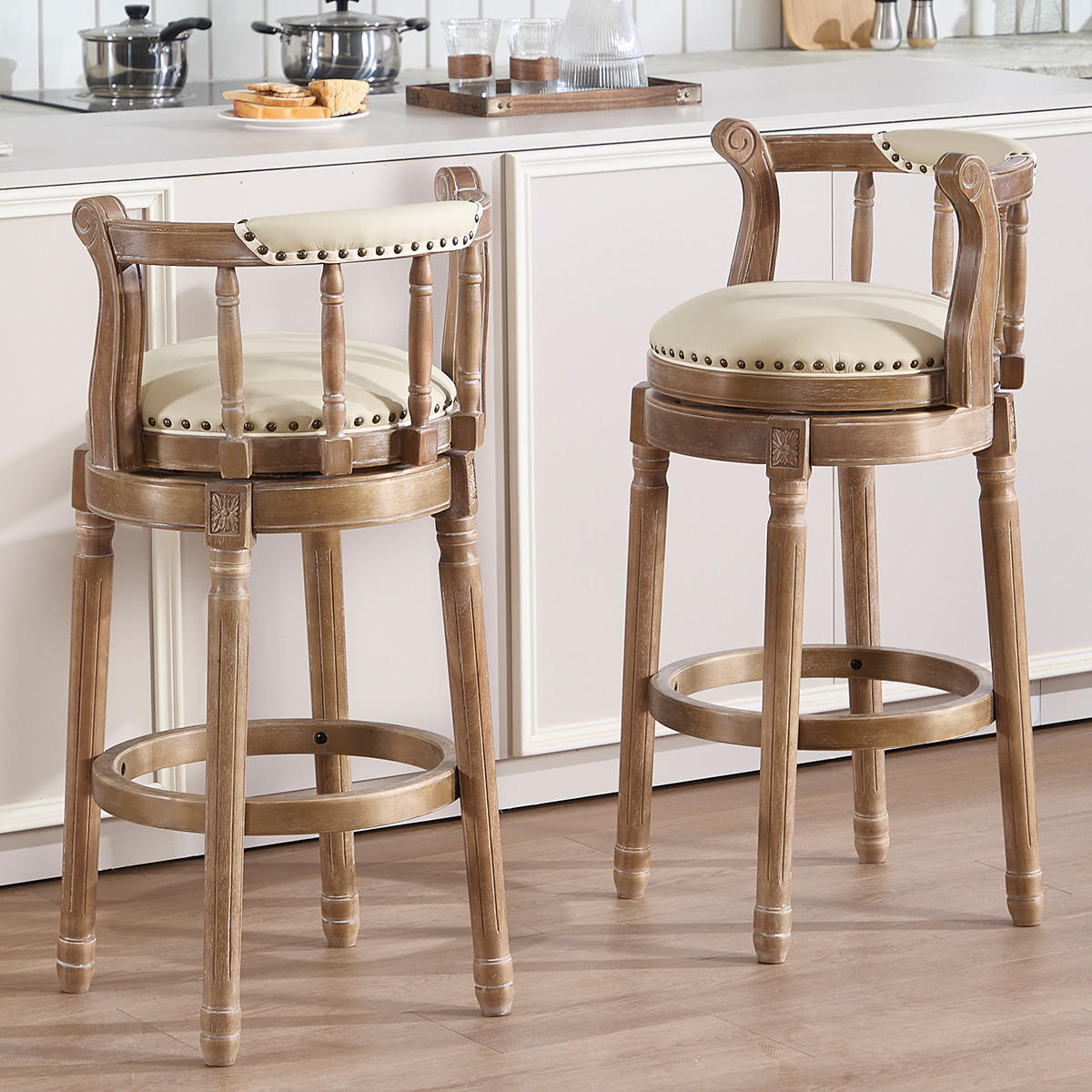 BARHOCKER 1er-Set Weiß mit Echtleder, Rückenlehne und 360° Drehfunktion - Weiß, Holz (54.8/96/54.8cm) - PANGIVO