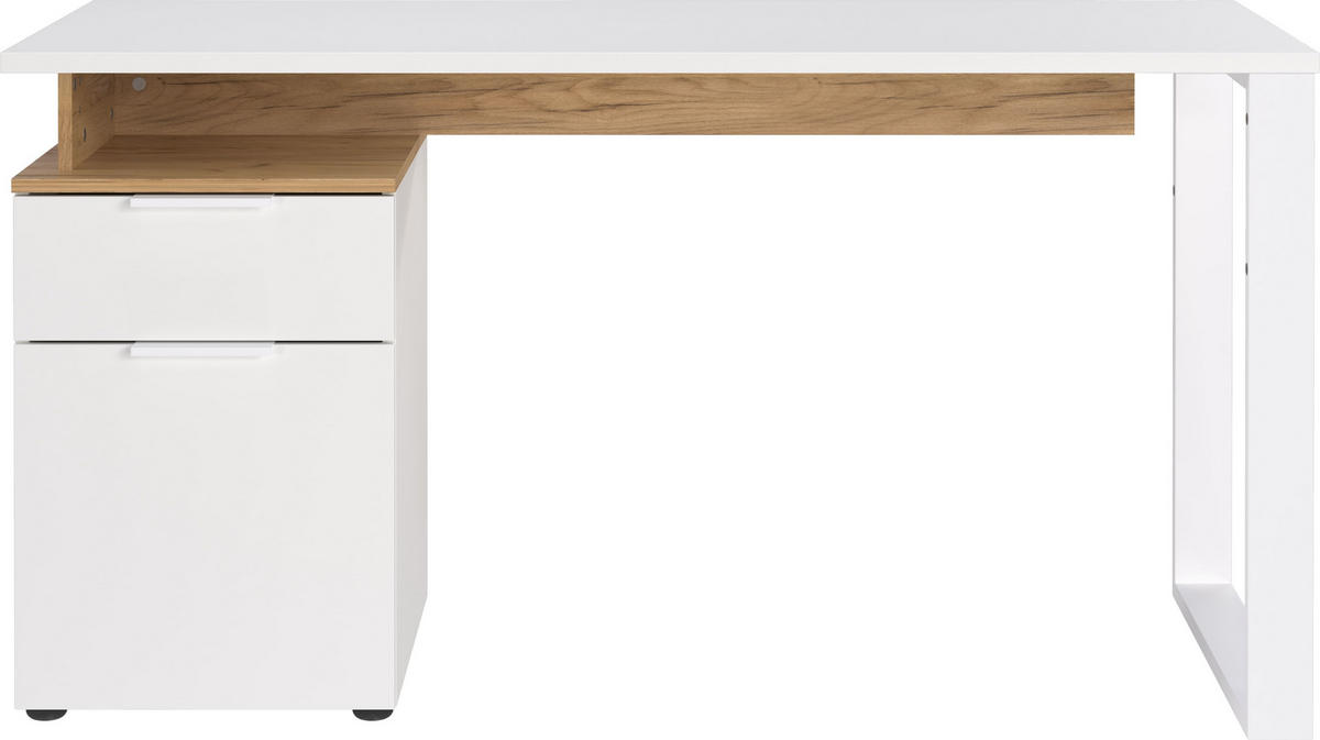 SCHREIBTISCH – Weiß/Beige, 140x61x74 cm, mit Container, stoßfest, Metallkufen - Weiß, Holz/Metall (61/140/74cm) - KADIMA DESIGN
