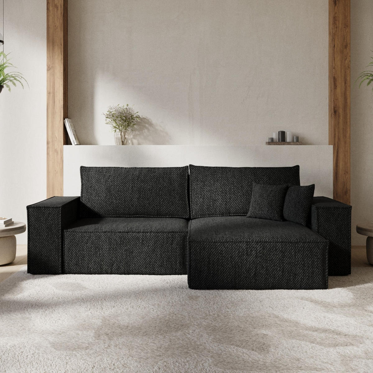 ECKSOFA CAVO mit Schlaffunktion Schwarz im Neve Stoff - Schwarz, Holz/Holzwerkstoff (255/148cm) - AltaBeds