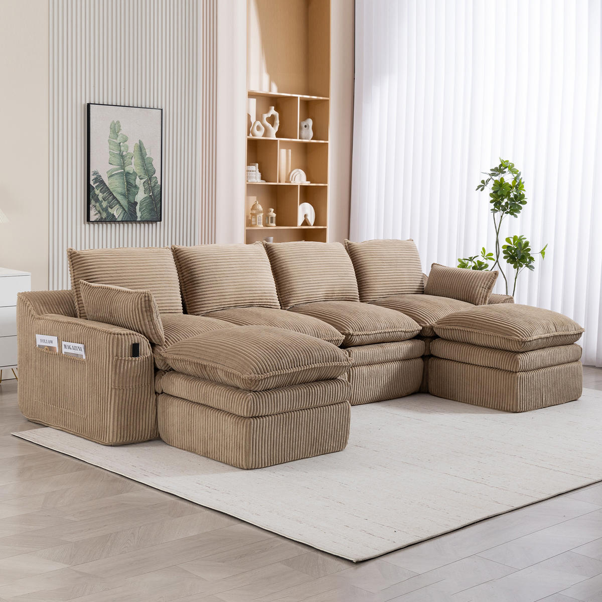 WOHNLANDSCHAFT Cord Khaki mit Kissen, Hocker und Seitentaschen - Hellbraun, Textil (335/85/167cm) - WISHDOR