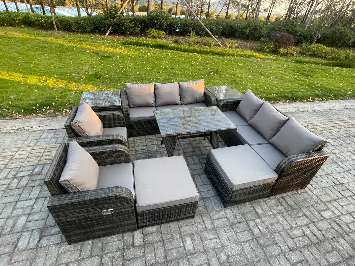 GARTENSET Hohe Rückenlehne Polyrattan 10-Sitzer - Dunkelgrau/Grau, Glas/Kunststoff - Fimous