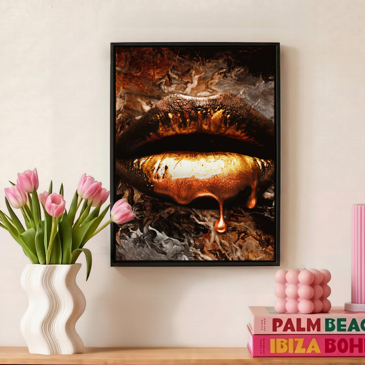 LEINWAND Bilder mit Rahmen - Gold - Lippen - Kunst - Gold - Luxus - Abstrakt - 30x40 - Kupferfarben, Textil (30/40cm) - MuchoWow