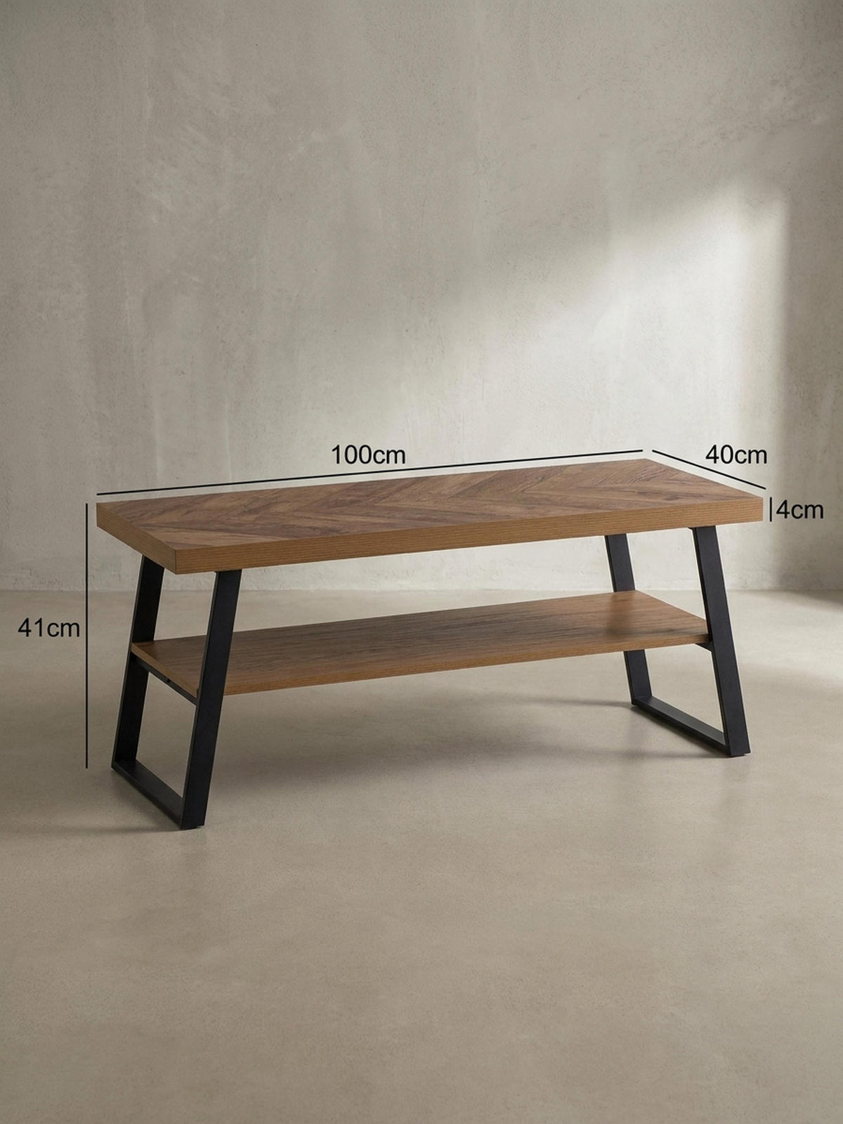 COUCHTISCH Braun Fischgrät-Muster 100x40x41cm mit Ablage und Metallgestell - Schwarz/Braun, Holz/Metall (40/100/41cm) - KADIMA DESIGN