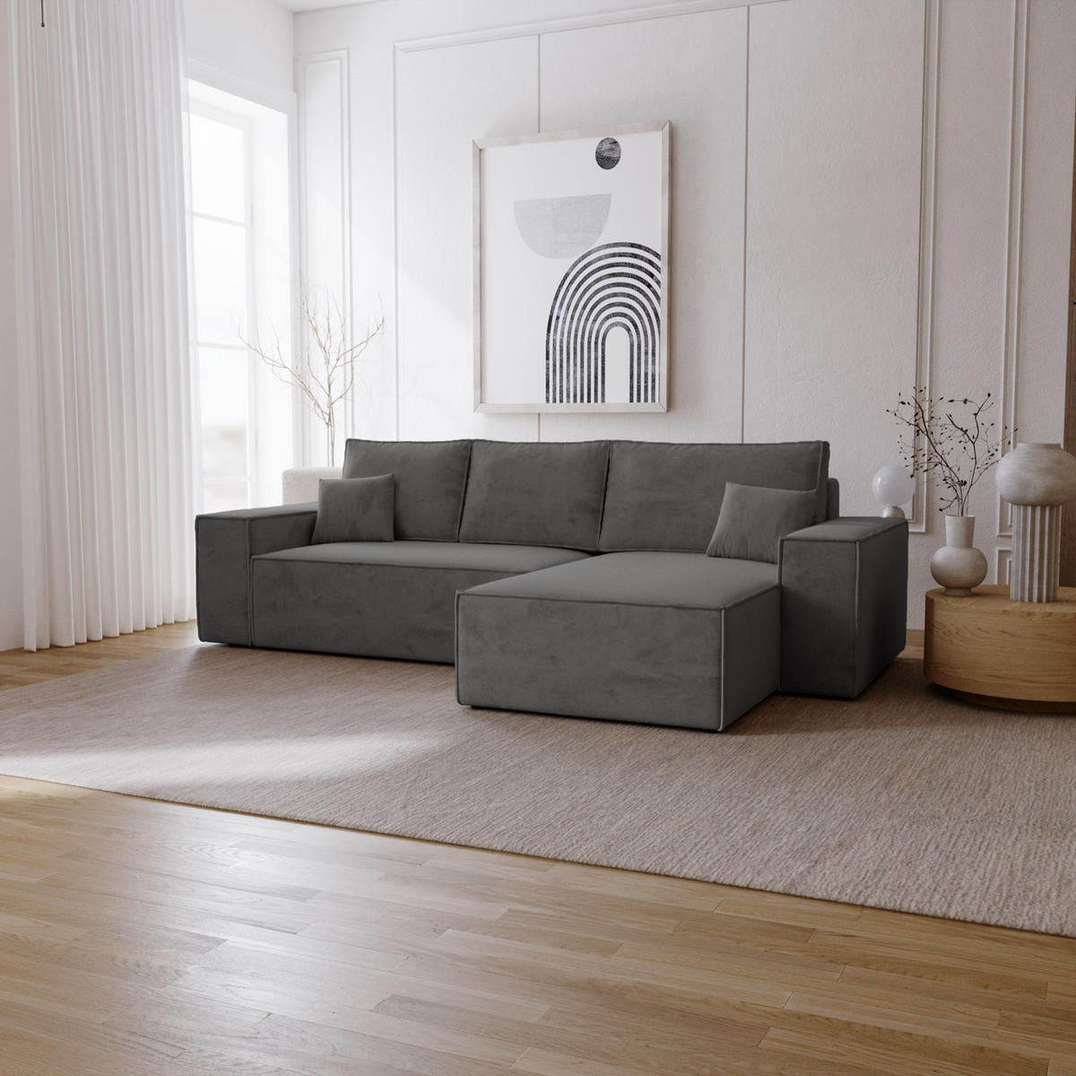 ECKSOFA mit Schlaffunktion Bergamo L 280 cm, Samt, Rechts - Dunkelgrau - Dunkelgrau, Holz (189/277cm) - Emporius