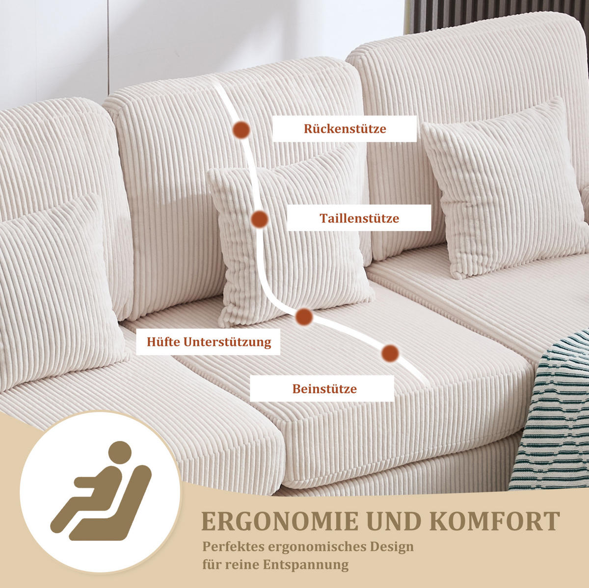 WOHNLANDSCHAFT 265/135/88 cm in Beige mit LED-Beleuchtung und USB-Anschluss - Beige, Textil (135/88/265cm) - Flora Grace