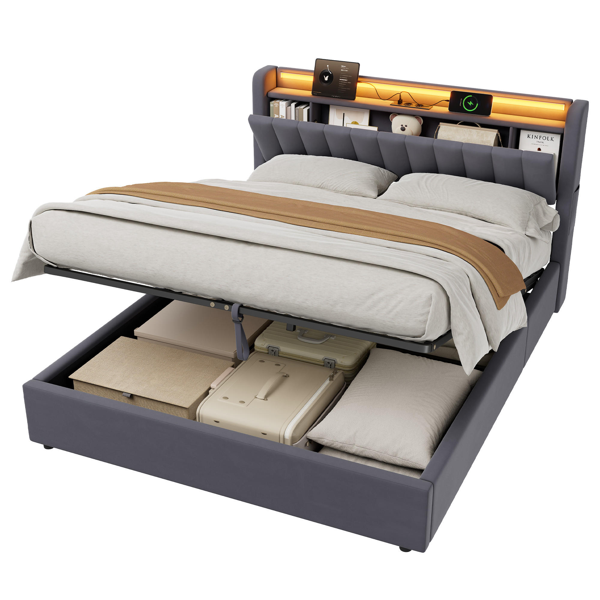 POLSTERBETT 160x200 cm Gepolstert mit Integrierter LED und USB - Grau, Textil (160/200cm) - Modenvie