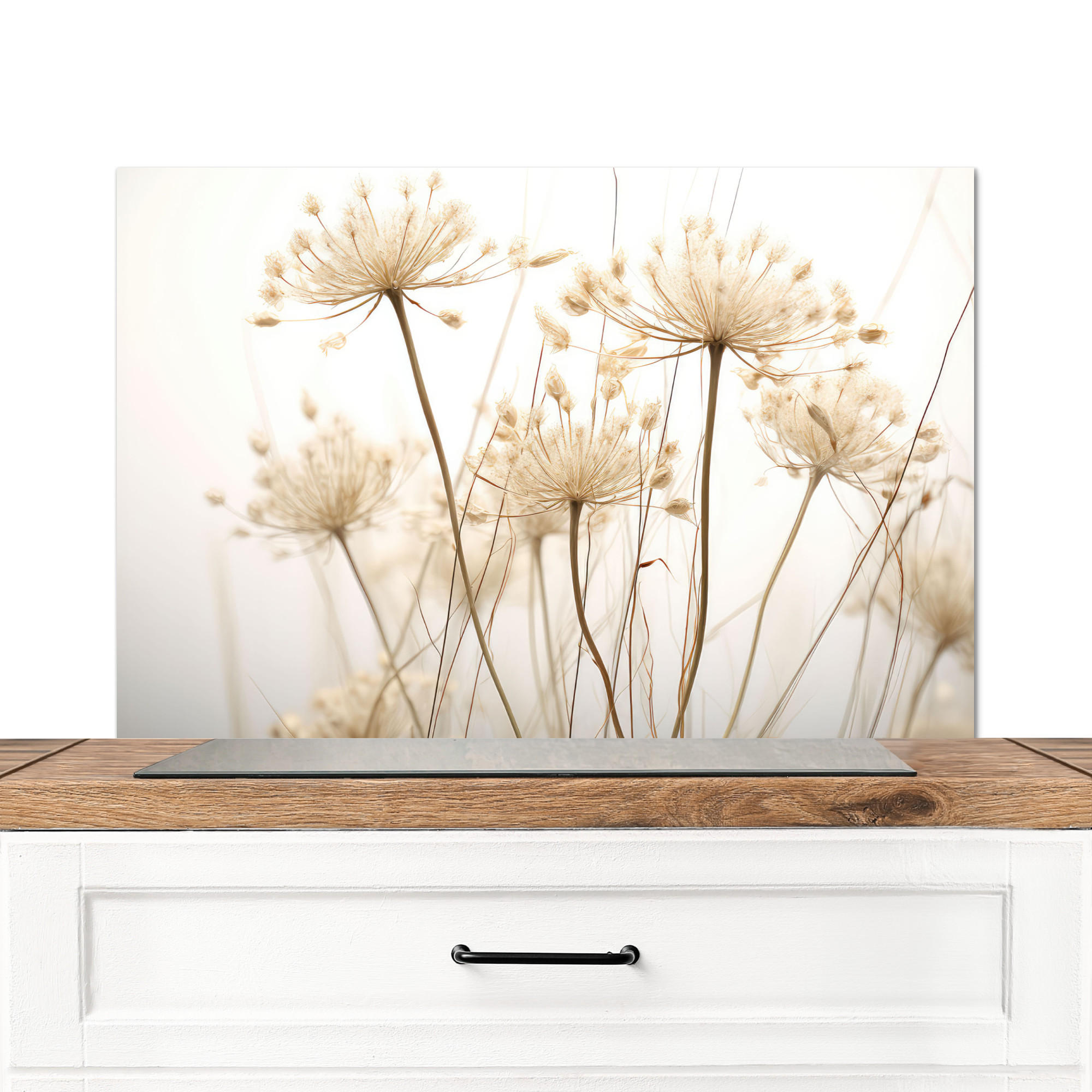 SPRITZSCHUTZ KÜCHE Blumen - Weiß - Sonnenlicht 90x60 cm - Ecru, Metall (90/0.3/60cm) - MuchoWow