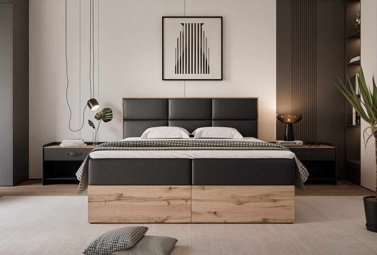 BOXBETT LAVIO 160/200 cm, in Schwarz, mit Matratze und Topper - Schwarz, Holzwerkstoff/Textil (160/200cm) - Idohome