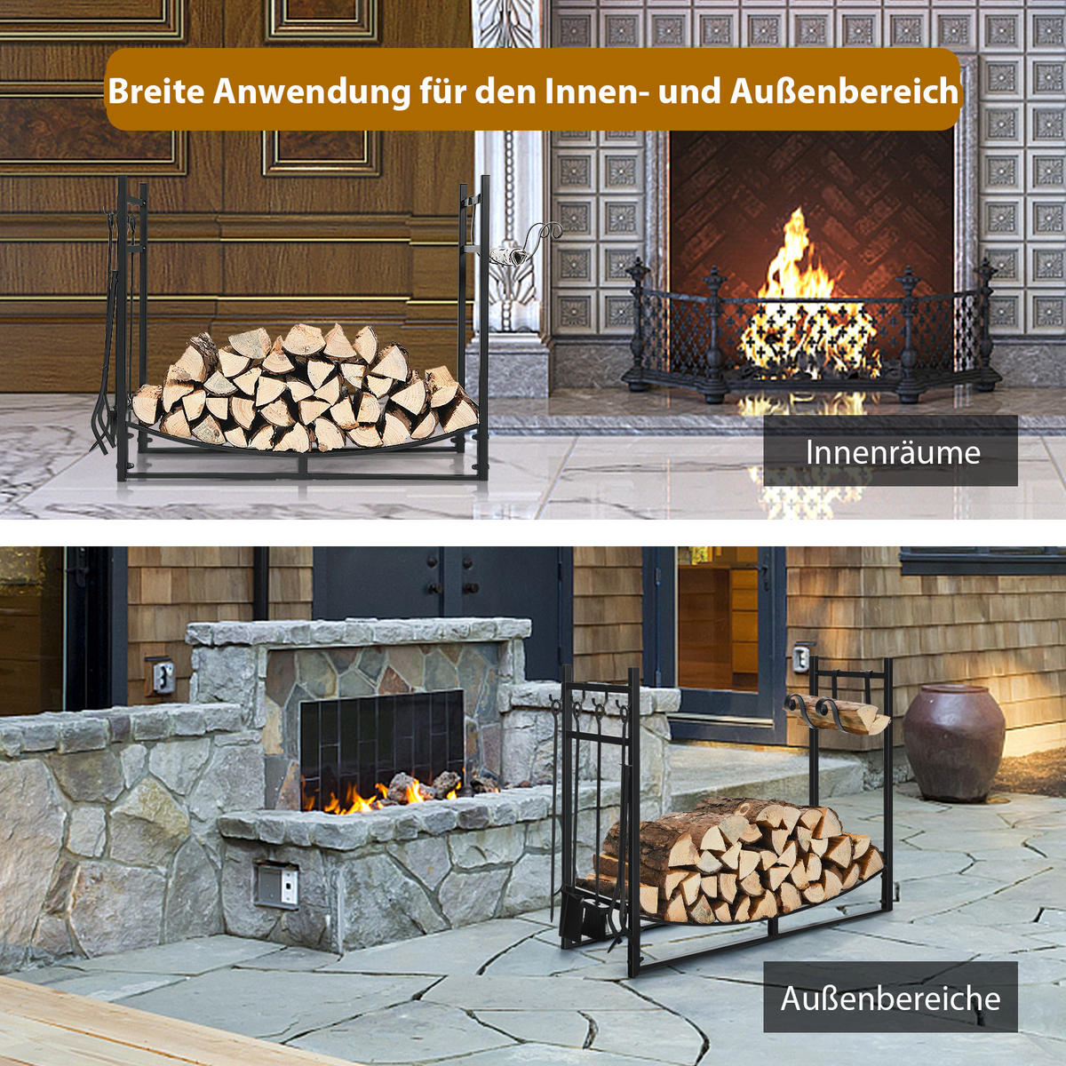 KAMINHOLZREGAL Schwarz - Schwarz, Metall (33/76/90cm) - COSTWAY