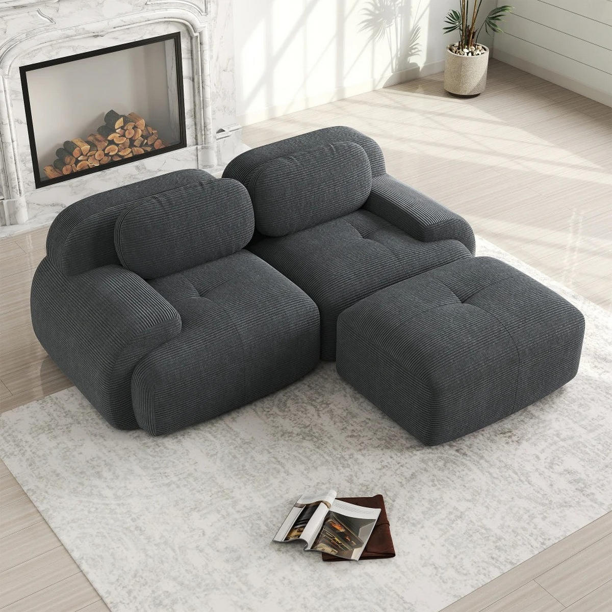 ECKSOFA aus weichem Kordelstoff, modular kombiniert mit gebogenen Armlehnen, Grau - Grau, Textil (208/70/178cm) - Kaket