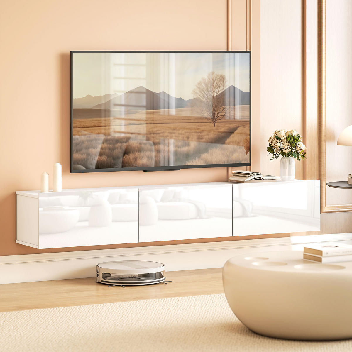 TV Schrank Lowboard hängend 180 cm für Fernseher bis zu 82 Zoll Weiß - Weiß Hochglanz/Weiß, Holzwerkstoff (31.5/29.8/180cm) - HOMCOM