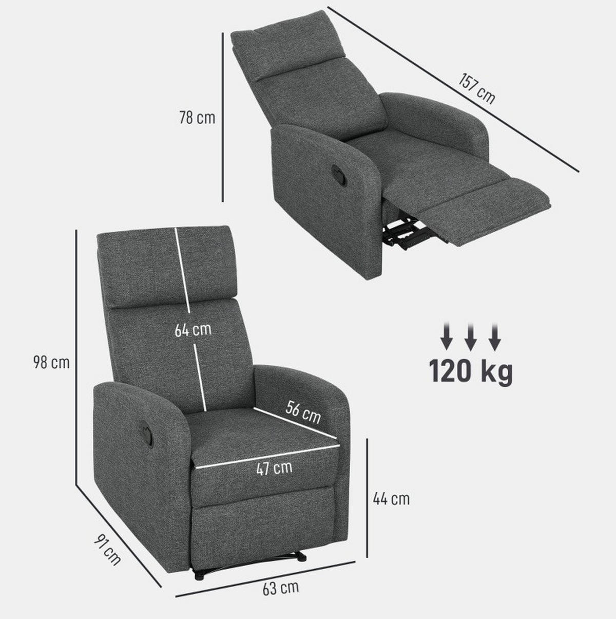 RELAXSESSEL Chenille-Stoff Polyester mit 145° verstellbarer Rückenlehne 63/91/98 cm Dunkelgrau - Dunkelgrau, Textil (63/98/91cm) - Redom