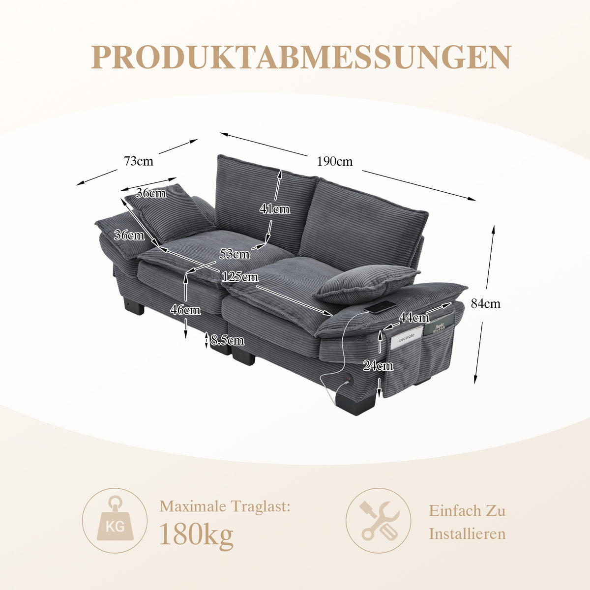 2-SITZER Sofa aus Cord 190x73x84 cm mit USB-C & Seitentaschen, dunkelgrau - Dunkelgrau, Textil (73/84/190cm)