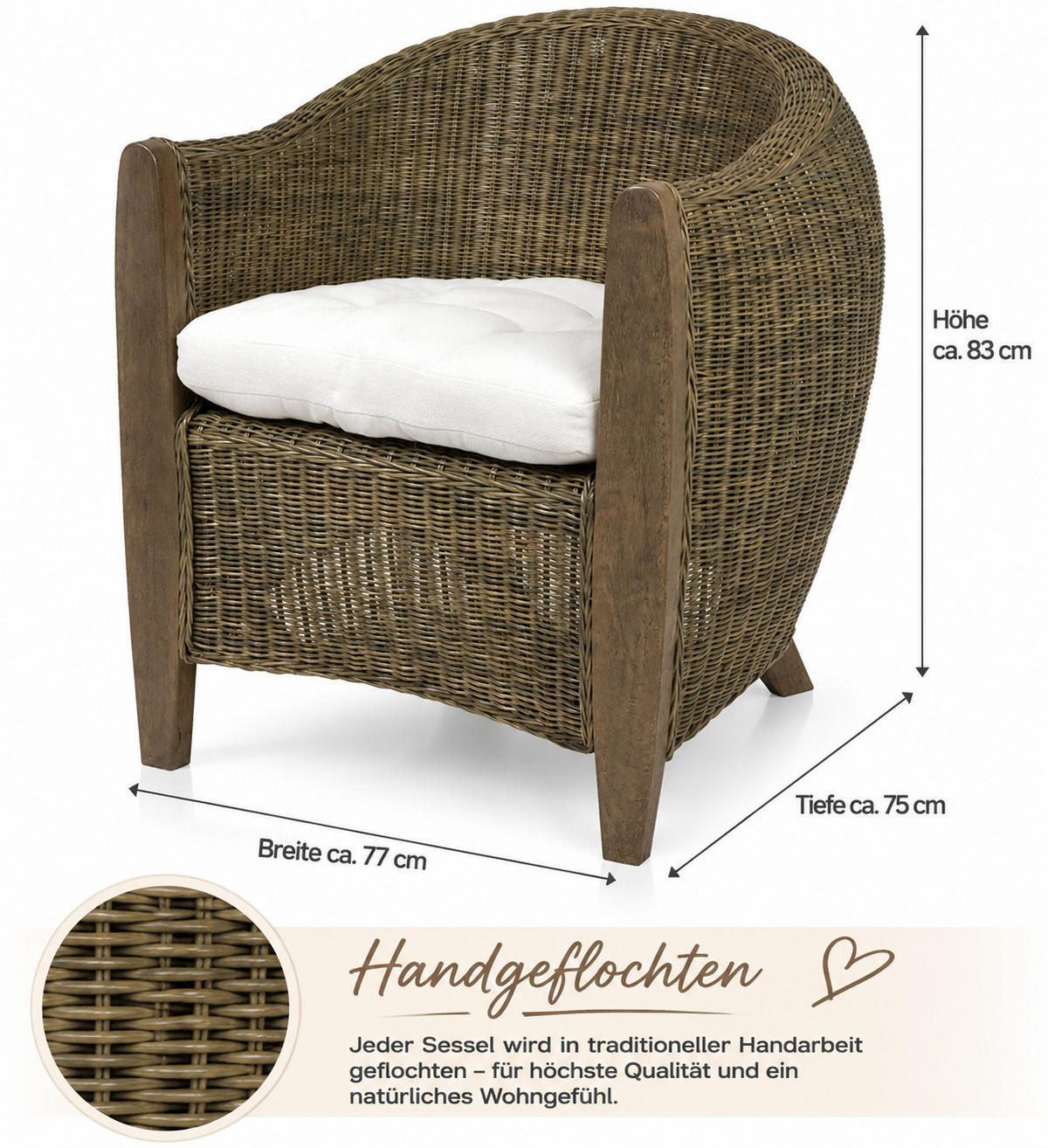 SESSEL Bari Rattansessel - Dunkelbraun, Holzwerkstoff (74/83/75cm) - Sedex