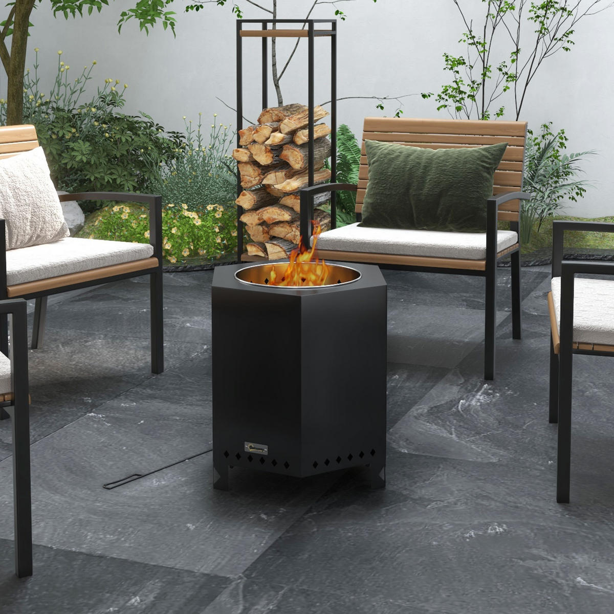 FEUERSCHALE, Metall, Edelstahl, Schwarz - Schwarz, Metall (38.8/46.5/45cm) - Outsunny