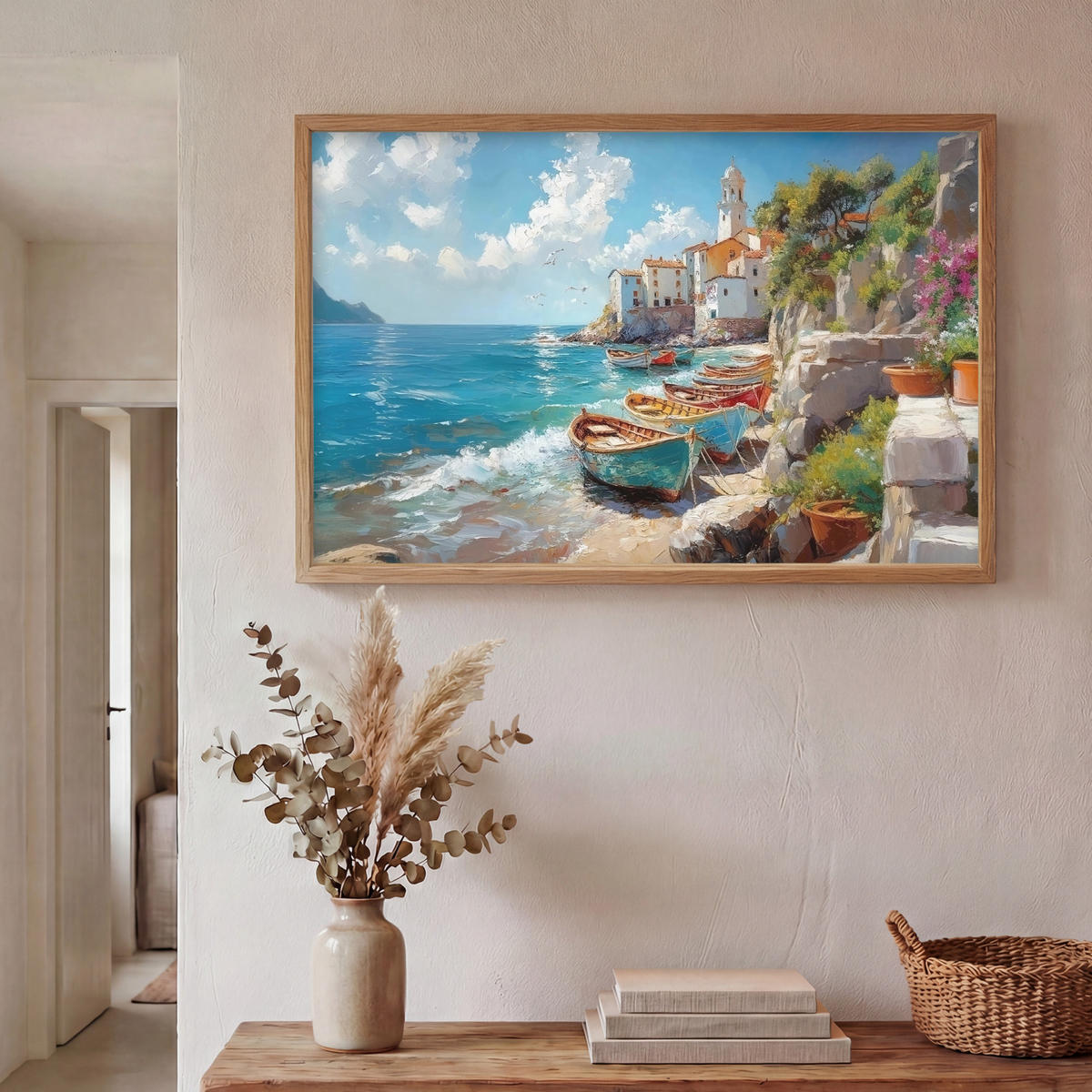 NÁSTĚNNÁ LAMPA S AKUMULÁTOREM Lodě - skály - moře - slunce 90x60 cm - modrá, kompozitní dřevo (90/60/8cm) - OnlyWow