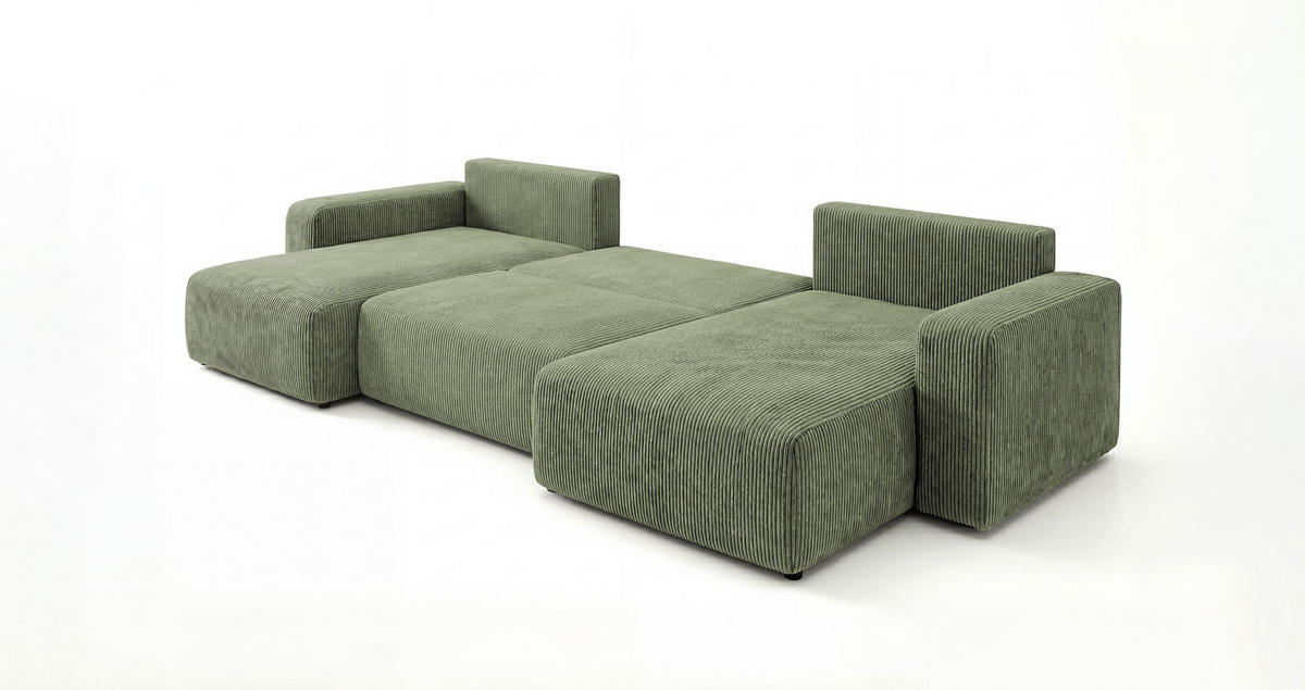 WOHNLANDSCHAFT BERLIN U-Form hellgrün Cord Poso 47 - Schlaffunktion, Bettkasten - Hellgrün, Textil (385/86/185cm) - Cornero