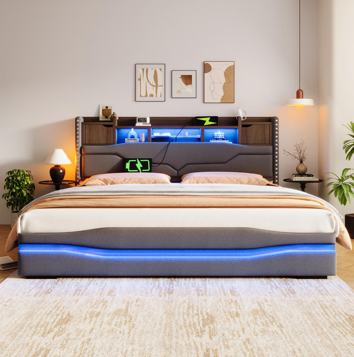 POLSTERBETT mit Stauraum und LED 180x200 cm Leinen Grau - Grau, Metall (180/200cm) - Meubliv