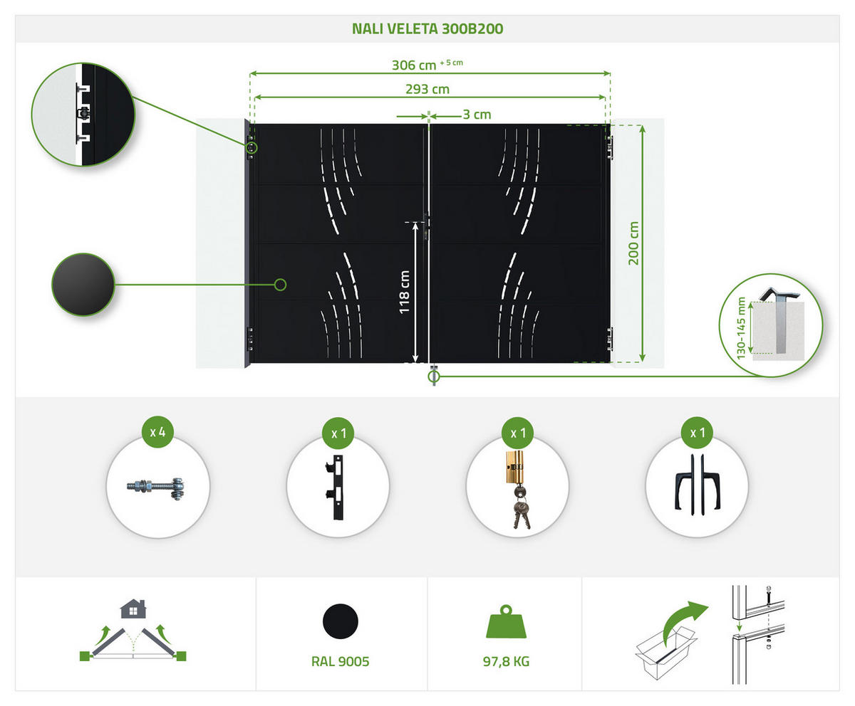 STAHLFLÜGELTOR Nali Veleta Mattschwarz 3m H.200cm - Schwarz, Metall (293/200cm) - Casanoov
