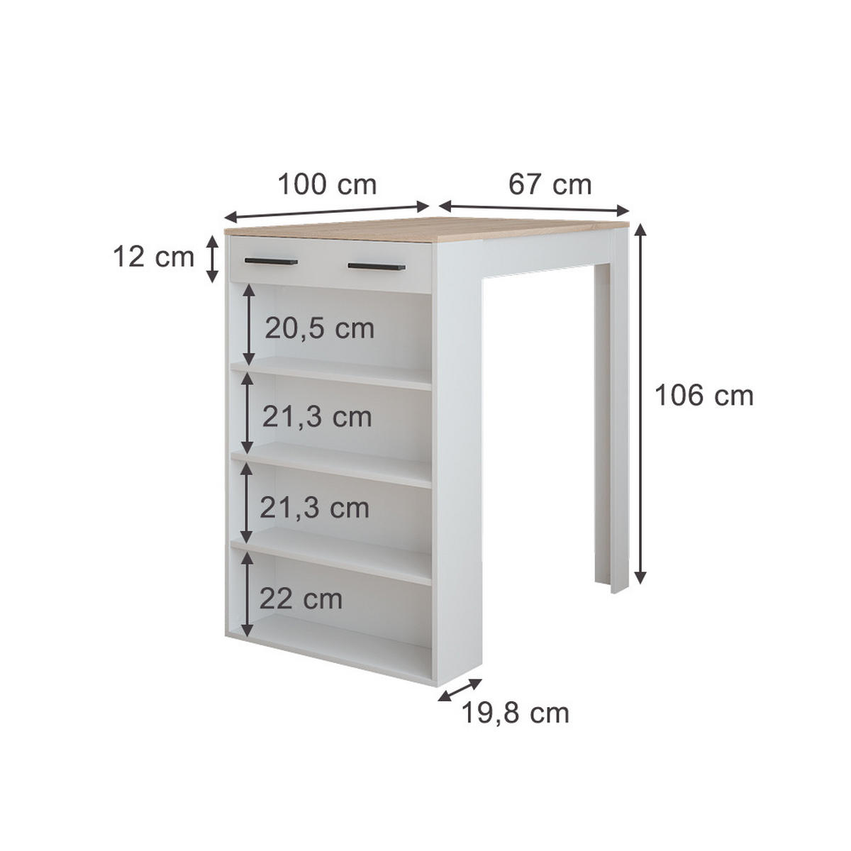 BAROVÝ STŮL Bílá/Sonoma - bílá/Sonoma dub, kompozitní dřevo (100/67/106cm) - Vicco