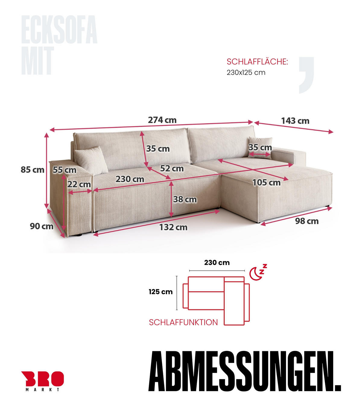 ECKSOFA ADI XL mit Schlaffunktion Vanille Cord - Creme, Textil (272/143cm) - Bromarkt