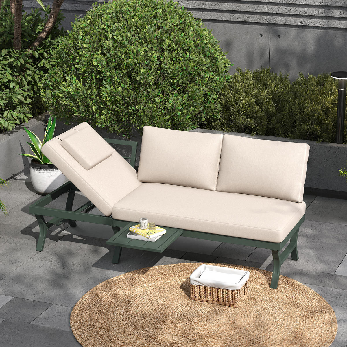 GARTENMÖBEL-SET 3-Sitzer Sofa Verstellbar Tisch Stahl Grün - Grün, Textil - FLIEKS