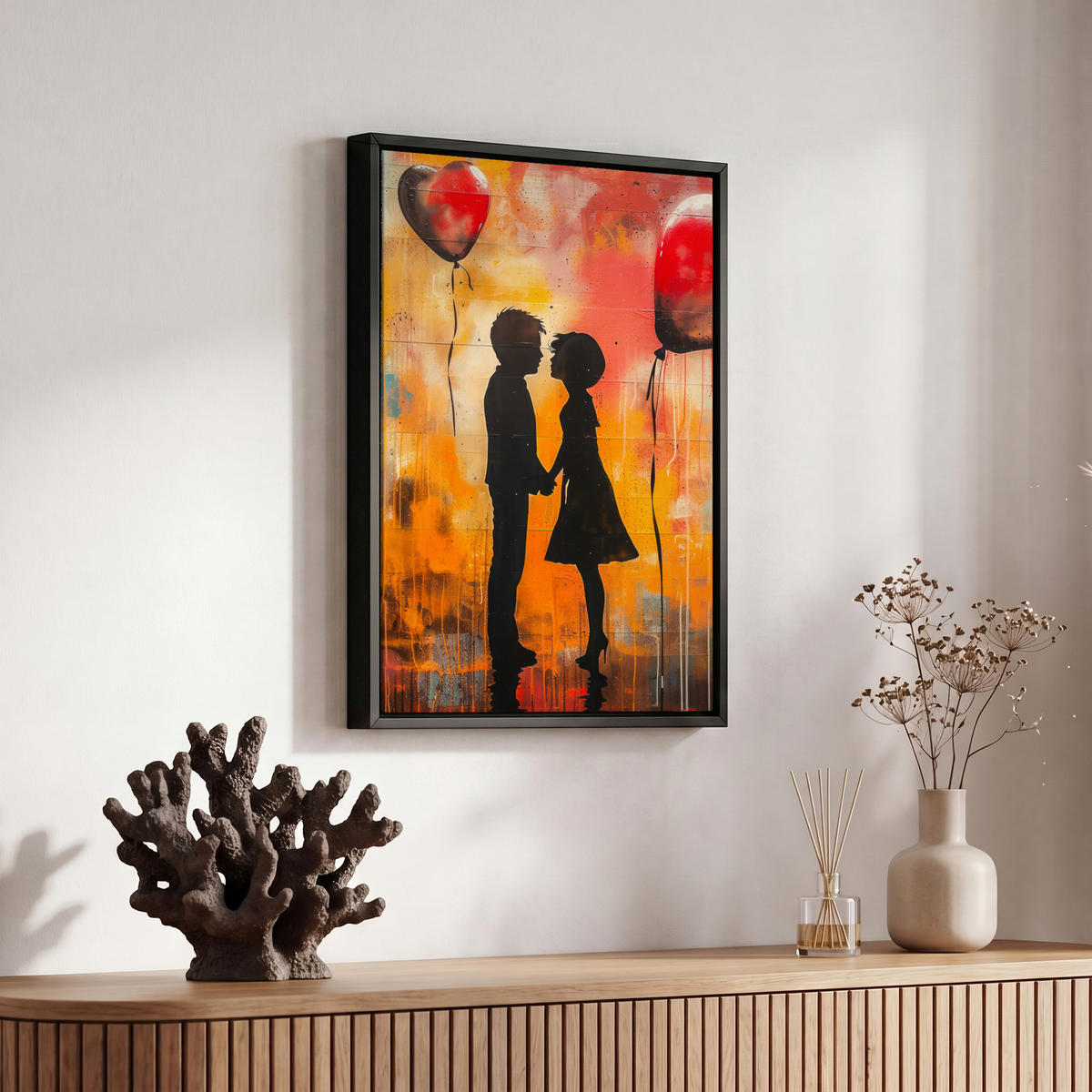 LEINWAND Bilder mit Rahmen - Straßenkunst - Liebe - Graffiti - Kunst - Banksy - 20x30 - Orange, Textil (20/30cm) - MuchoWow