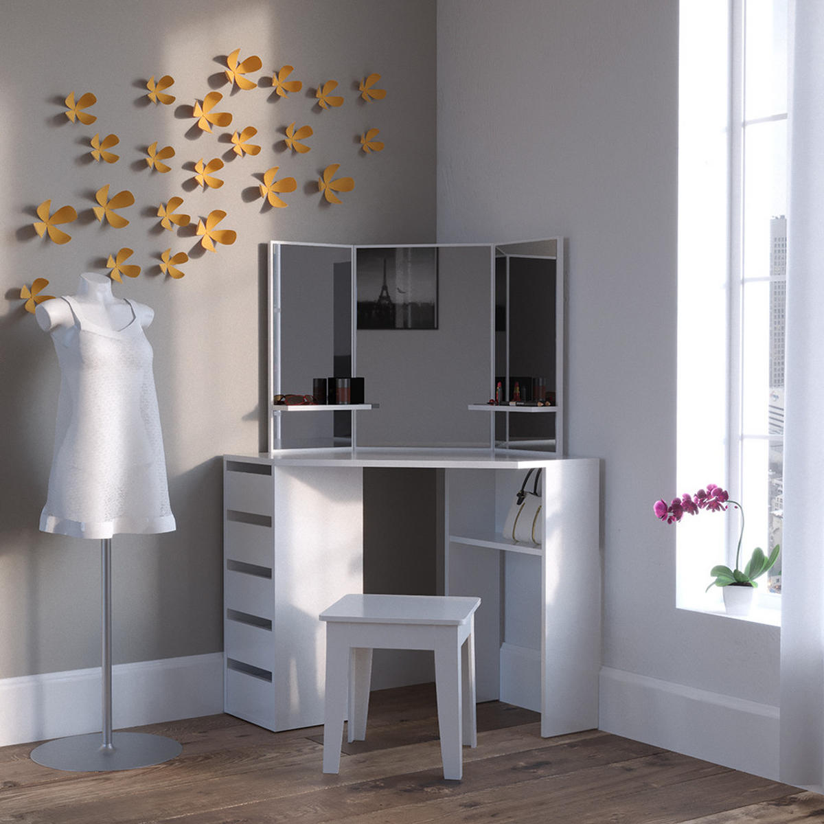 ECKSCHMINKTISCH Arielle Weiß 110 cm - Weiß, Holzwerkstoff (110/141.5/54cm) - Vicco