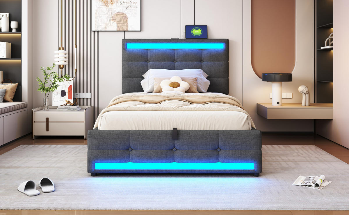 POLSTERBETT 90x200 cm mit LED, 4 Schubladen, Lattenrost, Grau - Grau, Holz (90/200cm)