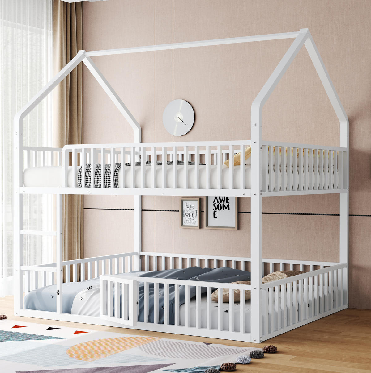 ETAGENBETT 90/140/200 cm in Weiß aus Metall mit Hausrahmen und Leiter - Weiß, Metall (140/200cm) - OKMYHOME