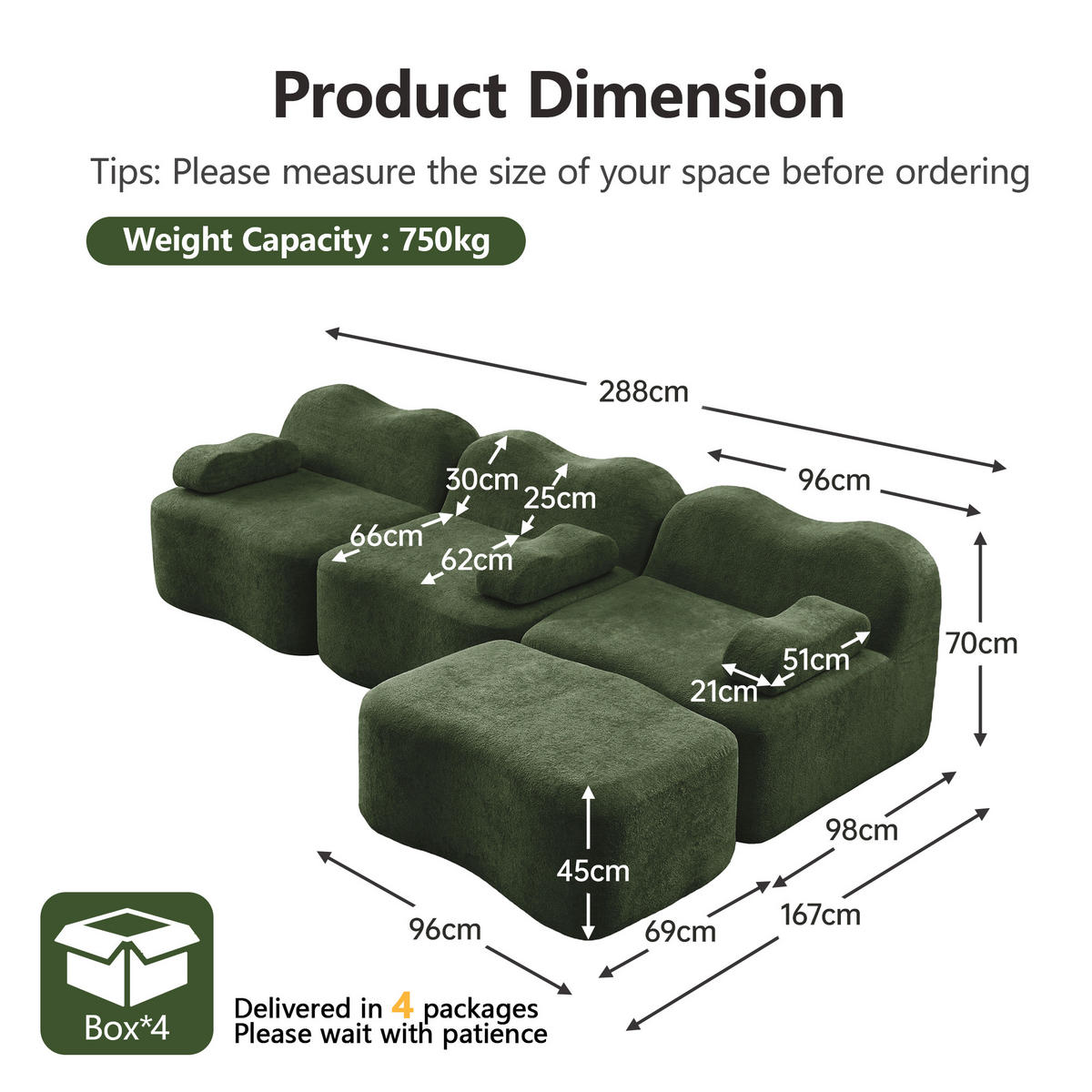 3-SITZER SOFA Samt Grün mit Hocker - Grün, Textil (288/167cm) - WISHDOR