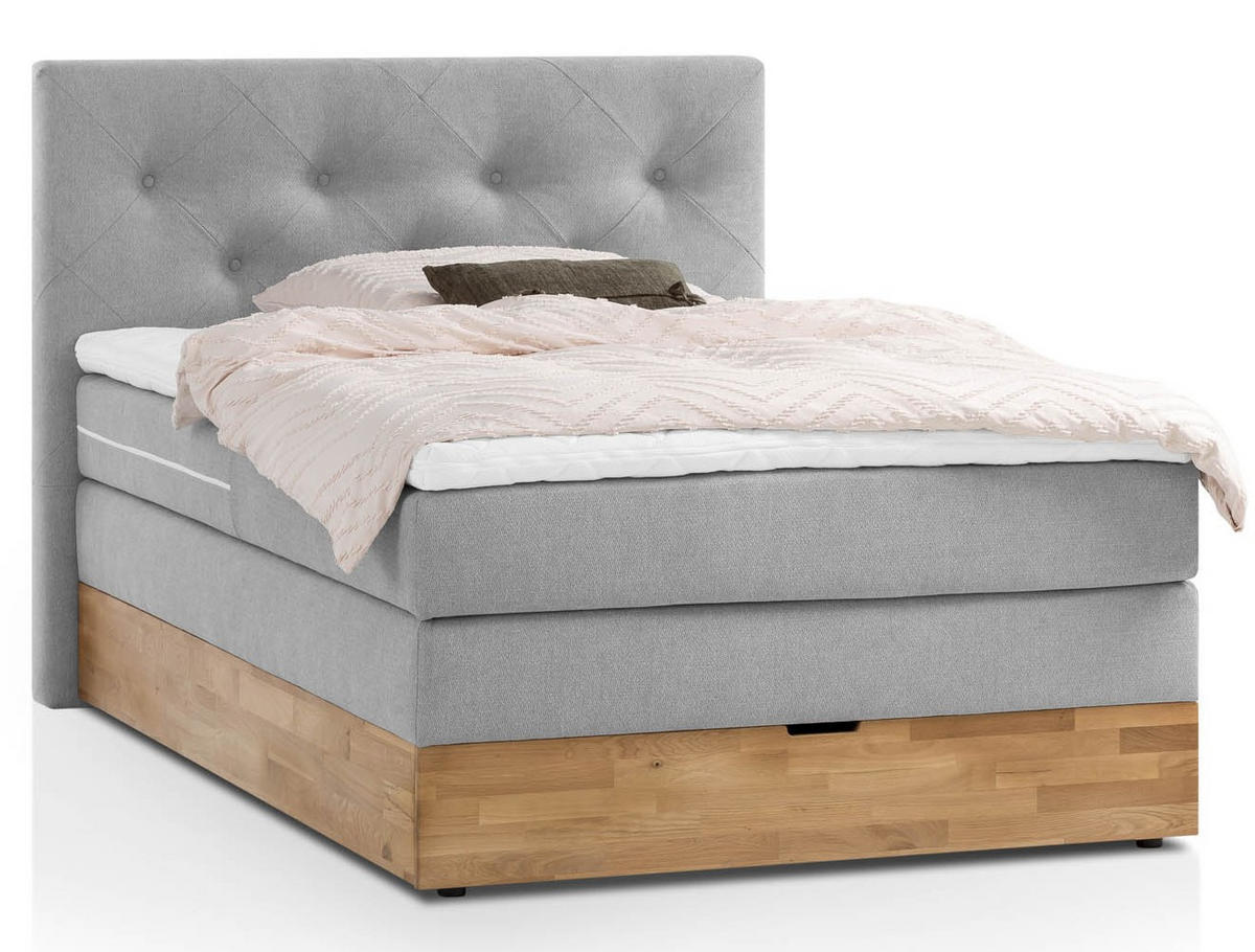 BOXSPRINGBETT MARBO 140x200 Hellgrau H2 und H3 mit Bettkasten 7-Zonen Taschenfederkern Matratze inkl. Visco Topper und Eiche - Hellgrau, Textil (140/200cm) - Belanoti