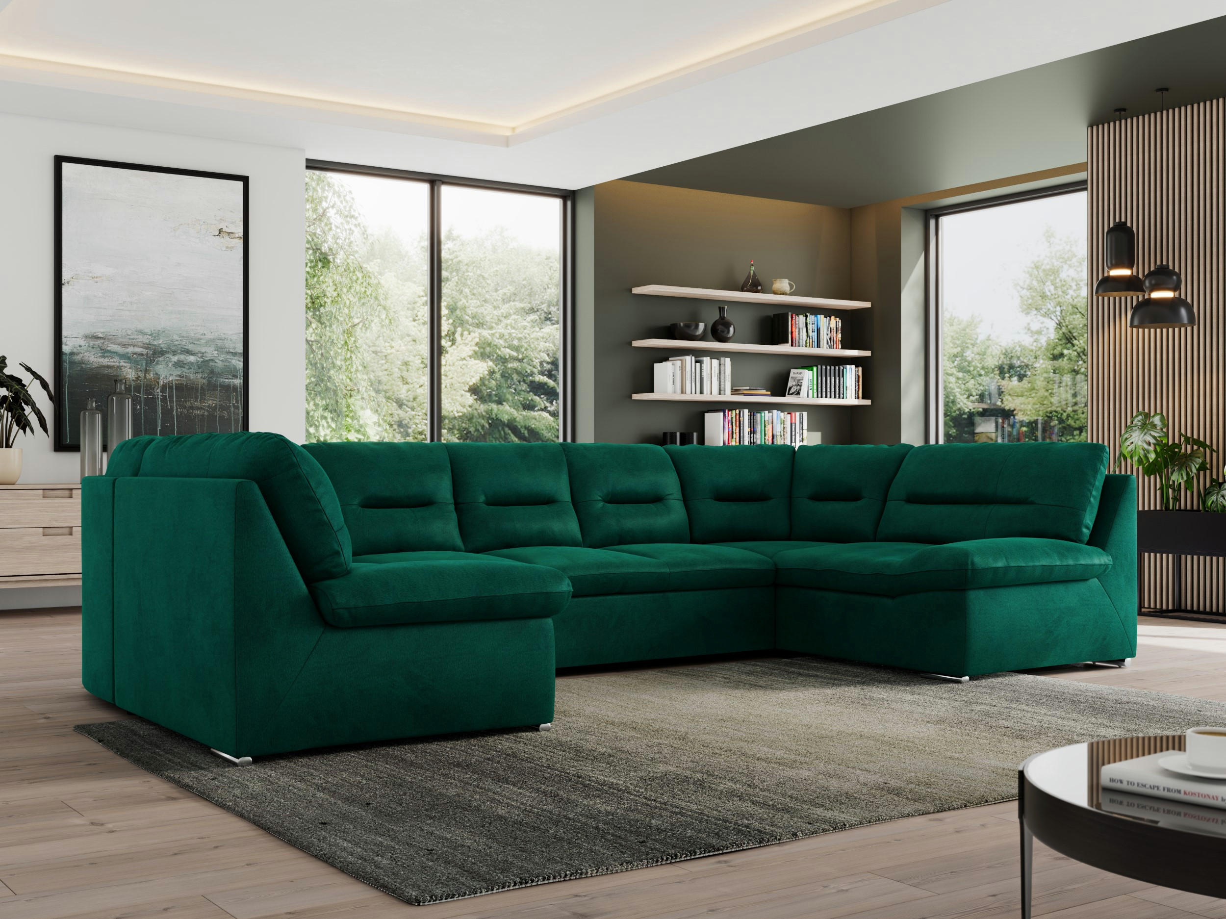 WOHNLANDSCHAFT MORBIDO U Dunkelgrün Velvet - Dunkelgrün/Silberfarben, Textil/Metall (340/93/206cm) - MKS