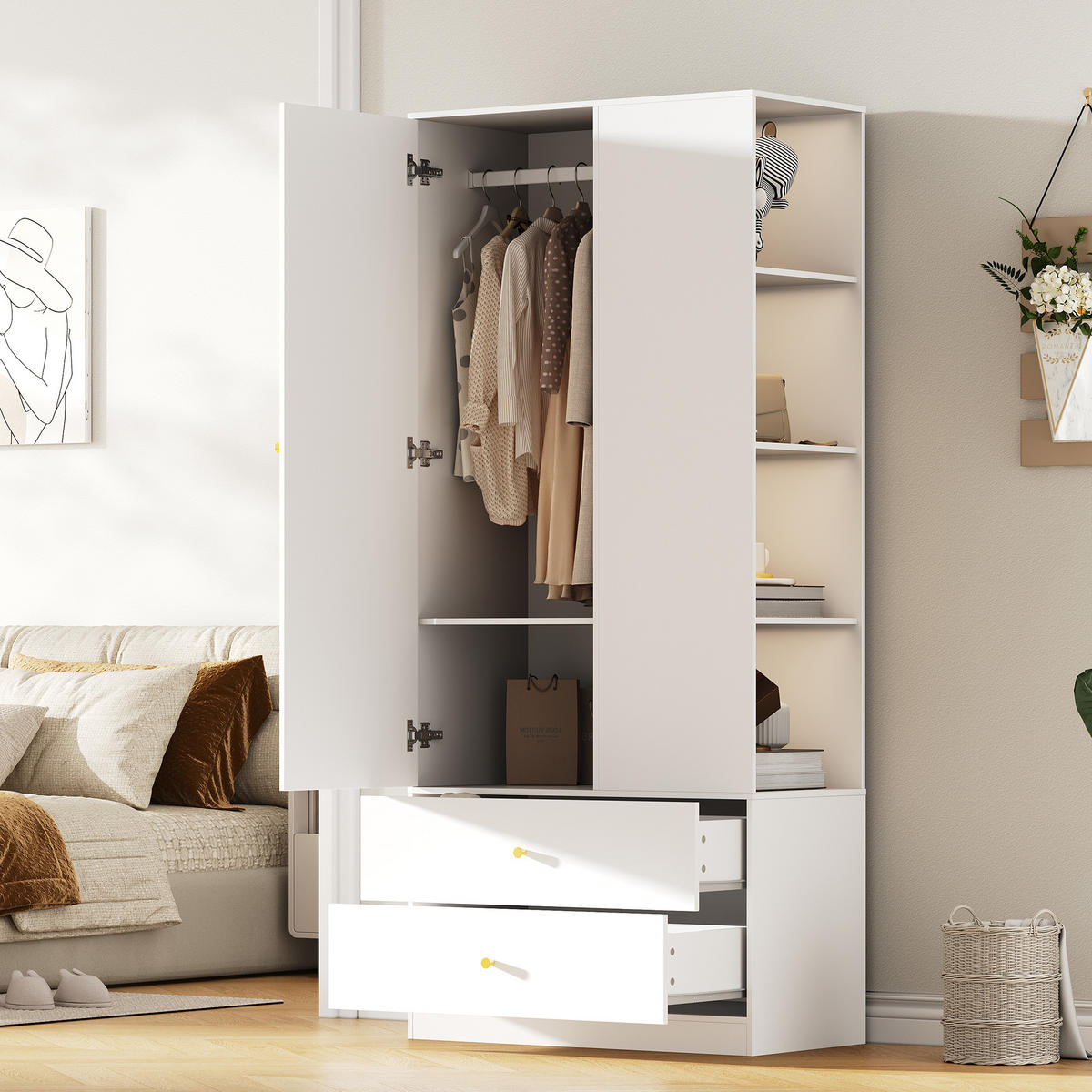 KLEIDERSCHRANK mit Spiegel 1 Tür Schubladen Weiß Modern - Weiß, Holzwerkstoff (80/180/40cm) - FLIEKS