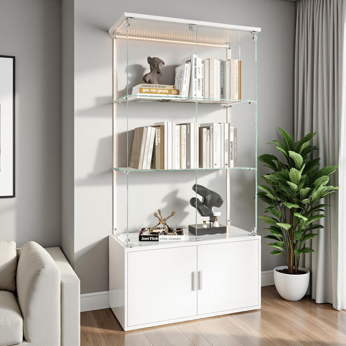 GLASVITRINE weiß 3 Etagen mit LED-Beleuchtung - Weiß, Glas (35/164/78.5cm) - SHOPENTRA