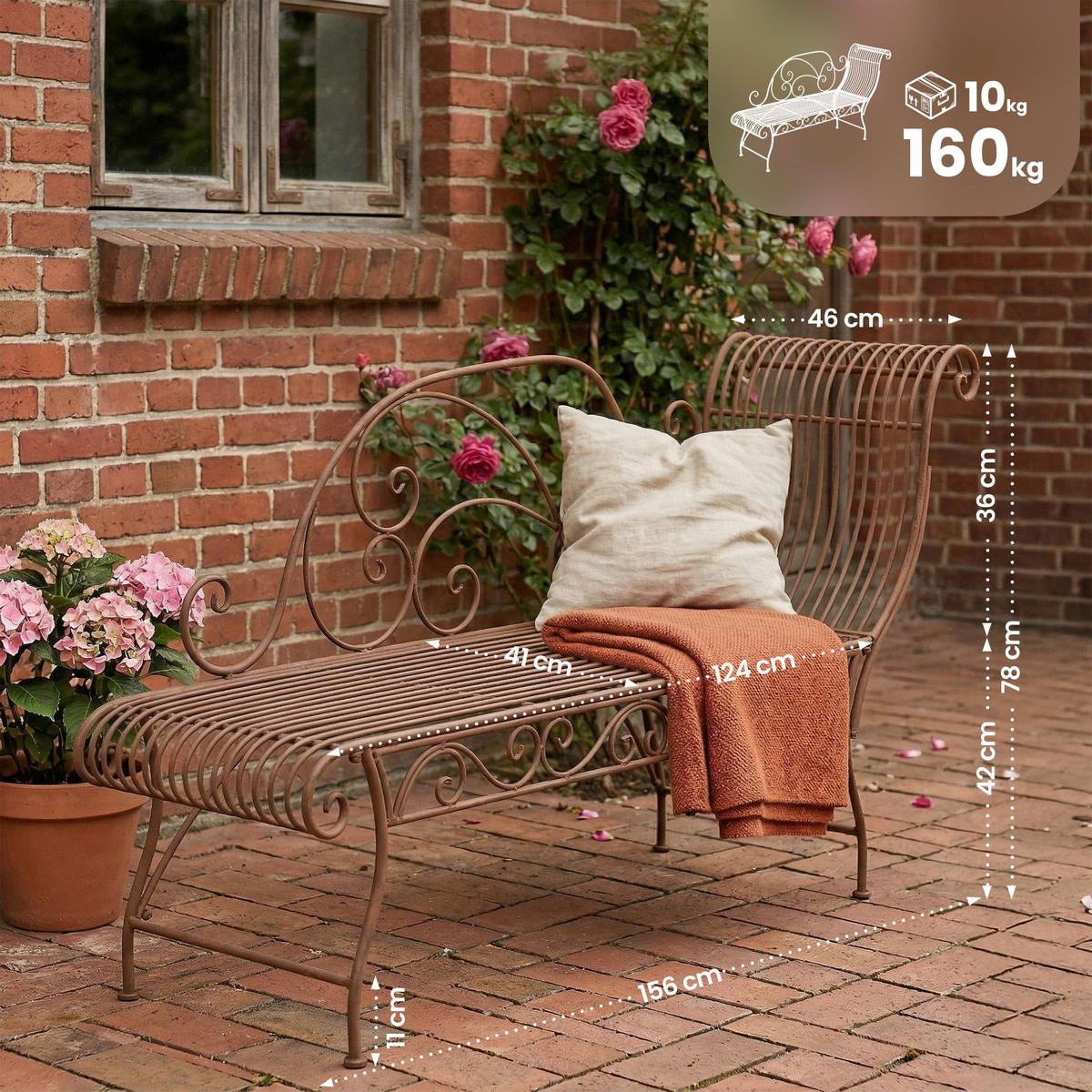 GARTENLIEGE Metall antik braun - Braun, Metall (156/78/46cm) - CLP