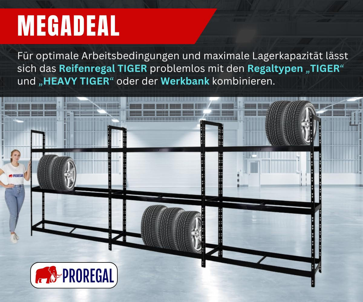 REIFENREGAL Tiger XL 200x180x45 cm 300 kg Fachlast bis zu 21 Reifen auf 3 Ebenen Schwarz - Schwarz, Metall (180/200/45cm) - PROREGAL