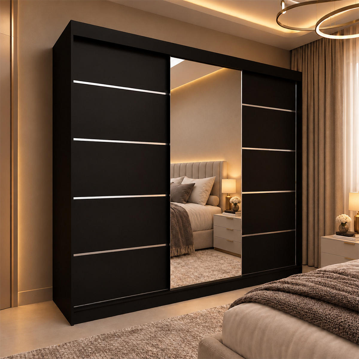 KLEIDERSCHRANK Malika 240 cm Schwarz Spiegel 4 Schubl. Griffe silber - Schwarz, Holzwerkstoff (240/216/61cm) - KS Home Concept