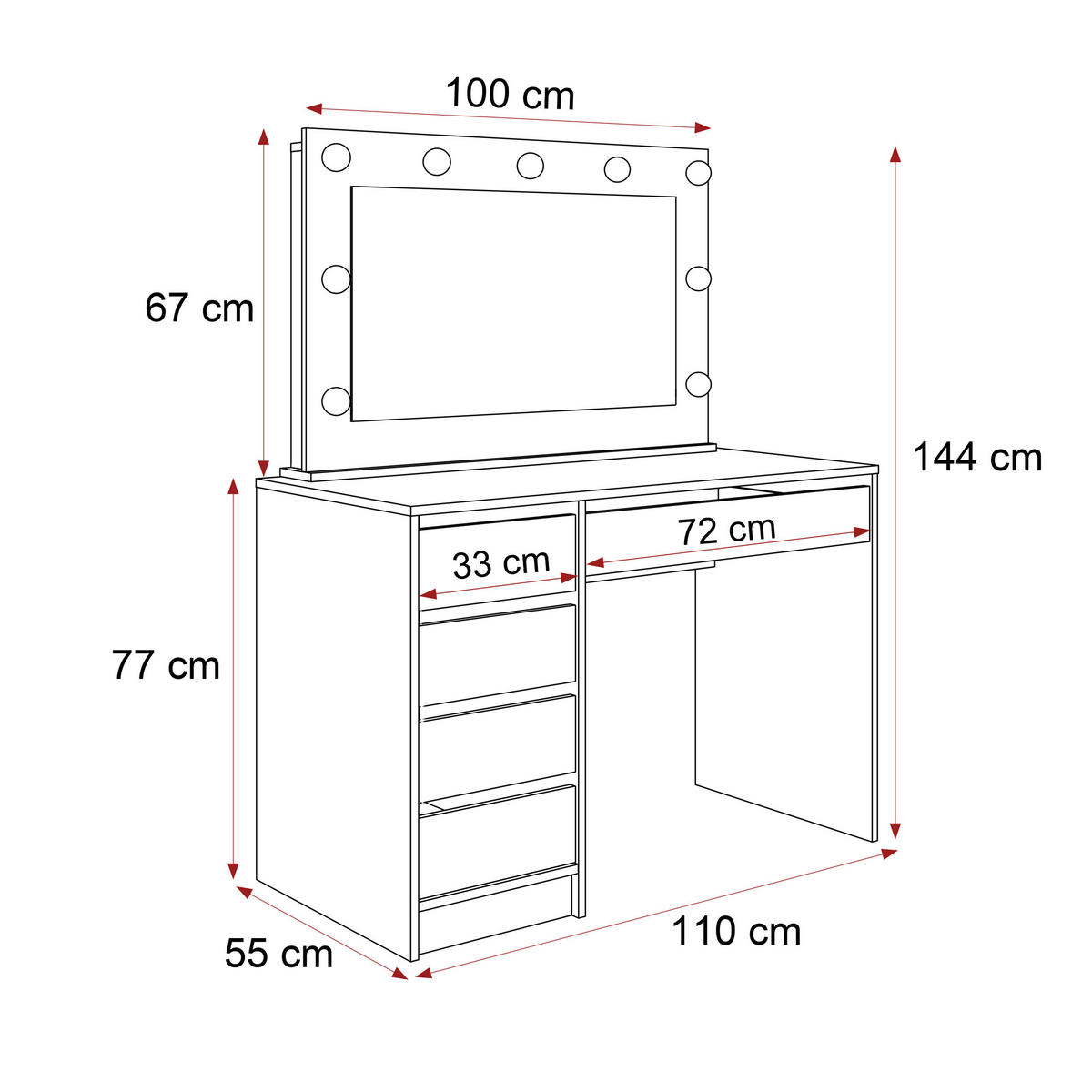 SCHMINKTISCH BELLA II mit LED-Beleuchtung und Spiegel, 110 cm Kaschmir - Kaschmir, Holzwerkstoff (110/77/55cm) - Idohome