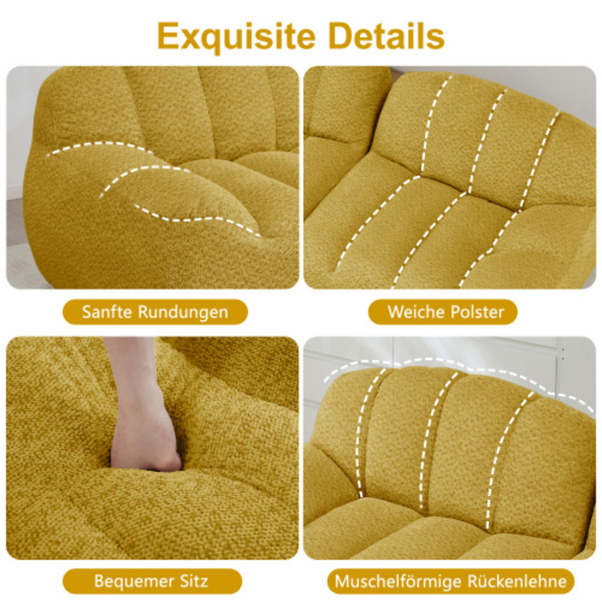ECKSOFA 210×165×79 cm Granular Fleece rahmenlos modular mit 1 Ottoman, gelb - Gelb, Textil (165/210cm) - Luhomfu