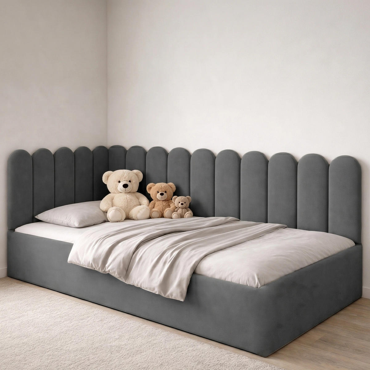 JUGENDBETT Junior Dunkelgrau Samtvelours mit Wandpaneelen - 120x200 cm - Bettkasten - Dunkelgrau, Holzwerkstoff/Textil (120/200cm) - Ravio