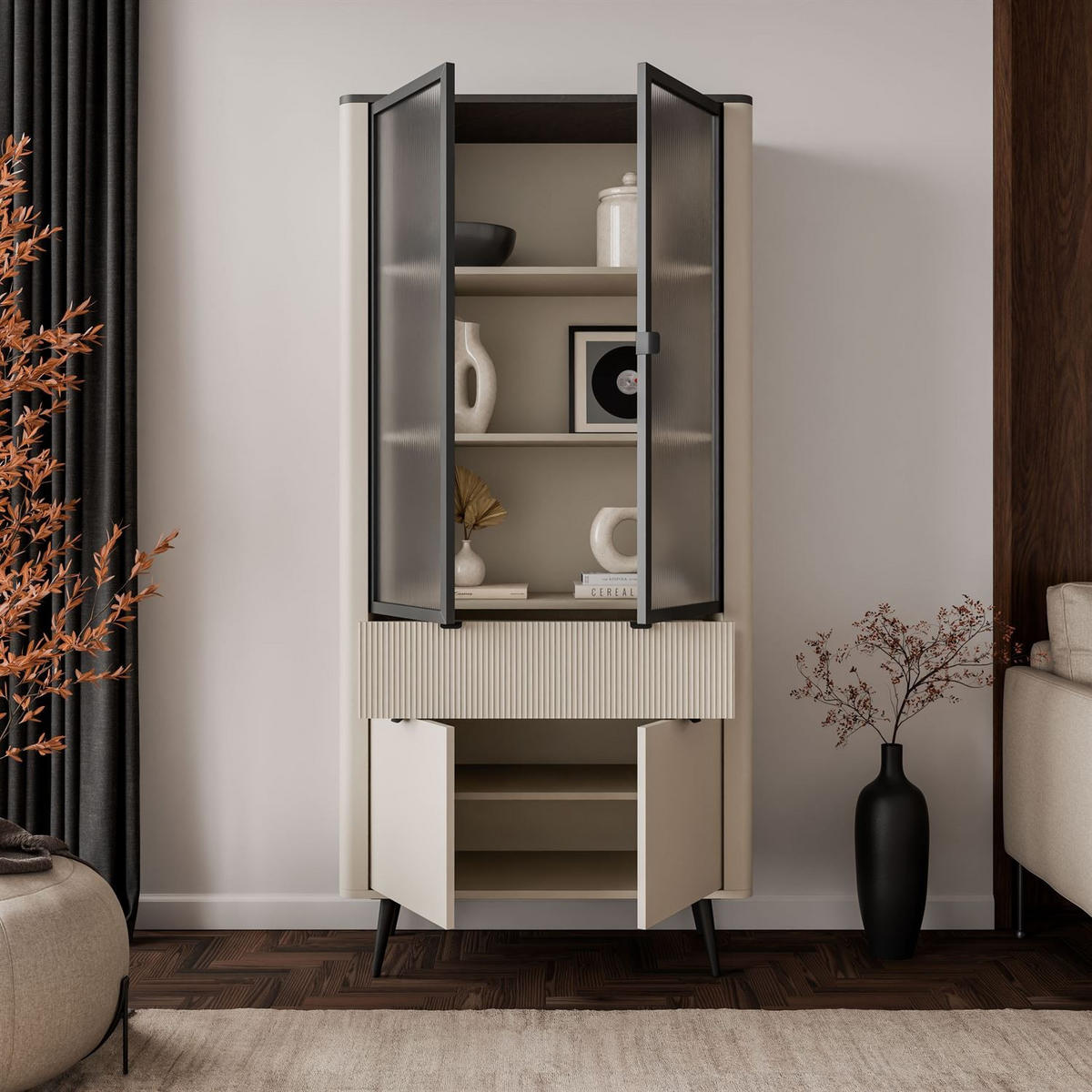 BREITE Vitrine AUTUMN 2D2W1S mit Schublade, Kaschmir / Grauer Stein - Beige, Holzwerkstoff (90/191/40cm) - Lookway