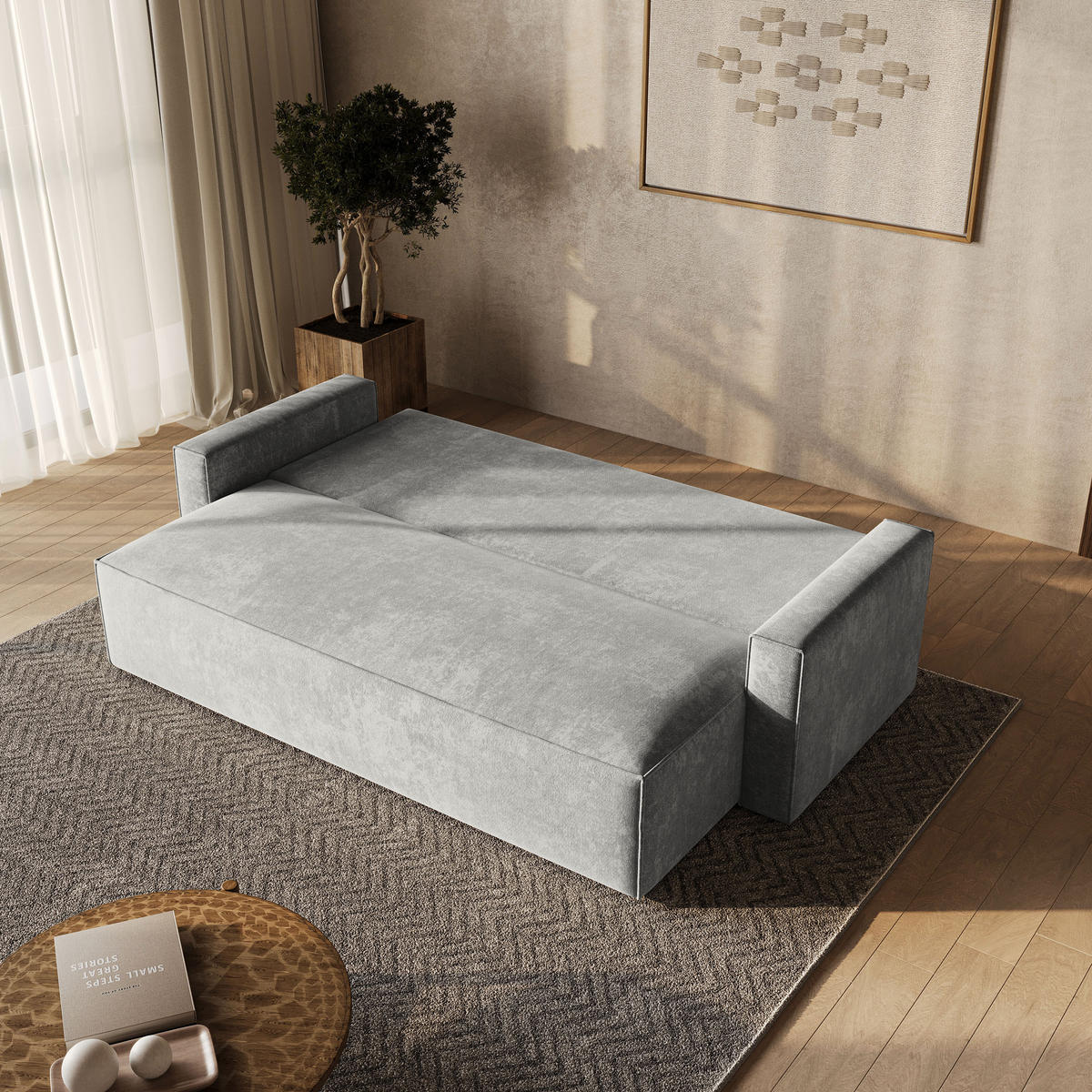 BETTSOFA MENI LM Hellgrau Chenille-Stoff mit Schlaffunktion - Hellgrau, Textil (232/85/87cm) - MASSENO